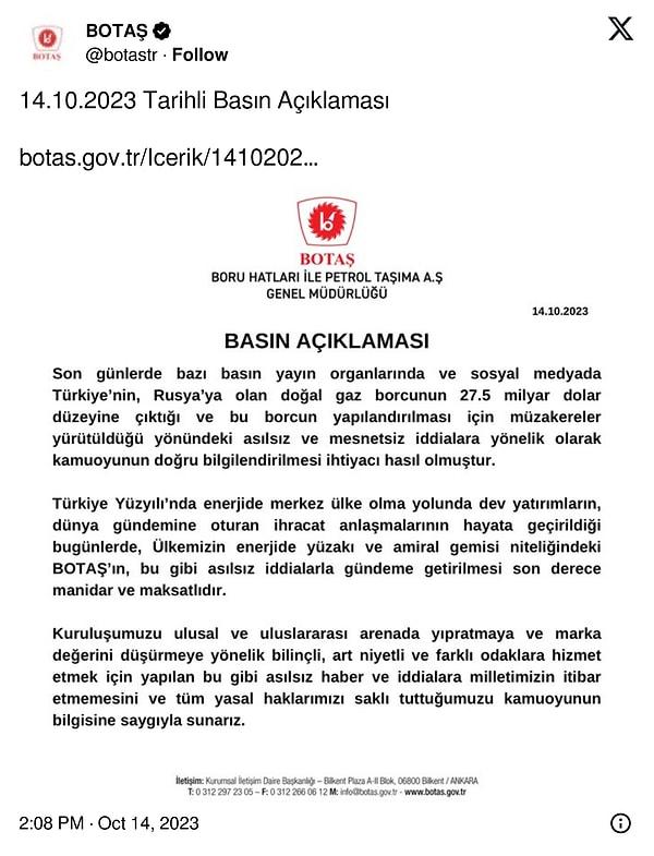 BOTAŞ 14 Ekim tarihinde sosyal medya hesabından yapılan bir paylaşımla "gaz borcu" konusunda açıklama yaptı.
