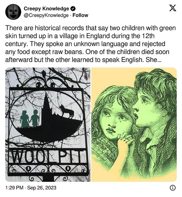 9. "Yeşil iki çocuğun 12. yüzyılda İngiltere'de bir köyde ortaya çıktığını söyleyen tarihi kayıtlar var. Bilinmeyen bir dil konuşuyorlar ve çiğ fasulye dışında her türlü yiyeceği reddediyorlardı. Çocuklardan biri kısa süre sonra ölmüş ama diğeri İngilizce konuşmayı öğrenmiş. Güneş ışığının olmadığı "St. Martin's Land" denilen bir dünyadan geldiklerini söyledi."