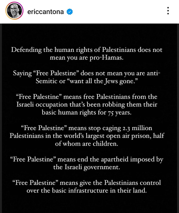 Eric Cantona'nın paylaşımı "Özgür Filistin" paylaşımı👇