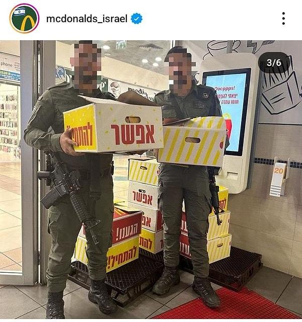 Sosyal medya platformlarında “McDonald’s İsrael” hesabından paylaşım yapan şirket her gün İsrail ordusuna 4 bin kutu yemek dağıttığını ifade etmiş ve Mc Donald’s restoranlarına gelen İsrail askerlerine ve diğer güvenlik güçlerine yüzde 50’lik indirim uyguladığını açıklamıştı.