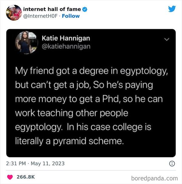 10. "Arkadaşım 'Eski Mısır Bilimi' mezunu ve iş bulamıyor. Bu yüzden doktora için daha fazla para ödeyerek bu alanda çalışmaya devam ediyor. Arkadaşım için okul tam anlamıyla bir piramit."