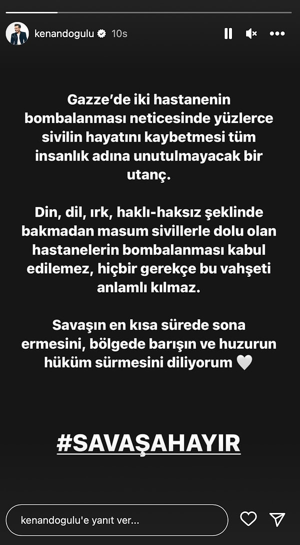 Kenan Doğulu, "Gazze'de iki hastanenin bombalanması neticesinde yüzlerce sivilin hayatını kaybetmesi tüm insanlık adına unutulmayacak bir utanç. Hiçbir gerekçe bu vahşeti anlamlı kılmaz." dedi.