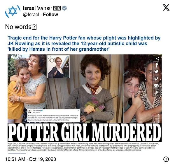 Tel Aviv hükümeti resmi Twitter hesabında bu görseli paylaşarak sabitledi. Görselde "Potter kızı öldürüldü" yazıldığı görülüyor: