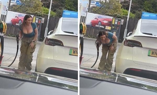 Aracın sürücüsü tarafından şakalandığı tahmin edilen bir kadın, benzinlikte elektrikli araca benzin doldurmaya çalıştı.