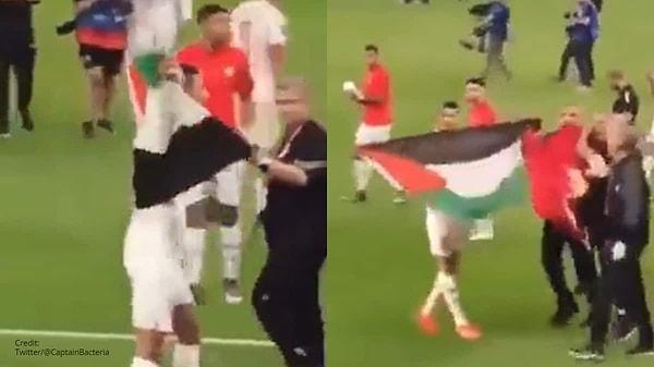 Bir sonraki kısımda Ronaldo'yu Filistin bayrağıyla görüyoruz. Peki bu kişi gerçekten Ronaldo mu? Elbette değil...