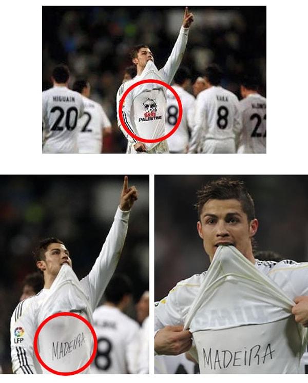 Diğer görüntüde Ronaldo'nun "Save Palestine" yazılı atletini gösterdiği görülüyor fakat bu da doğru değil...