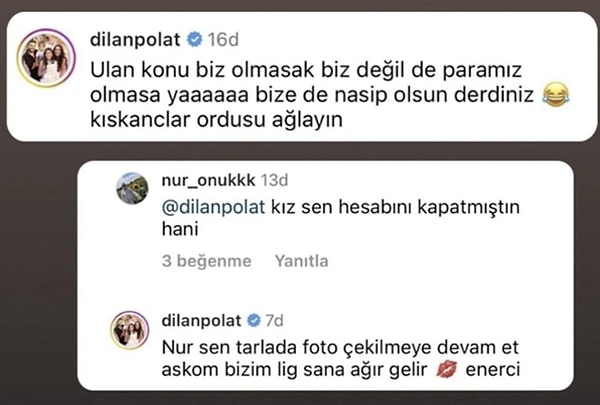 'Şule altın tozumu getir' diyen Dilan Polat eskiden, şu an 'aynı ligde değiliz' dediği insanlarla aynı standartlarda bir hayat yaşıyormuş yani.