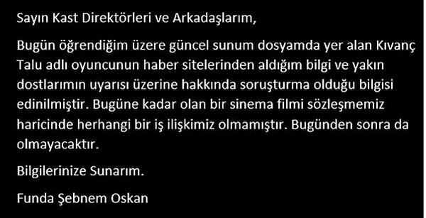 Son olarak Buğra Gülsoy, Hande Doğandemir ve Seçkin Özdemir‘le “Yaren Leylek” filminde rol alan  Kıvanç Talu’nun menajeri şunları yazdı: