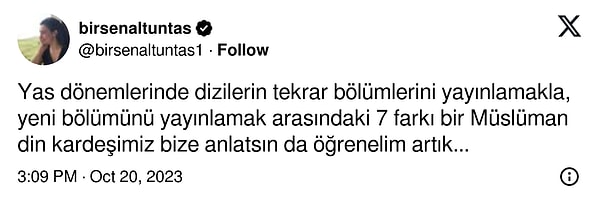 Ulusal yasın üç gününde Kızılcık Şerbeti dışında tüm dizilerin yeni bölümleri iptal edip, eskilerini yayınlamasına Birsen Altuntaş tepki gösterdi.