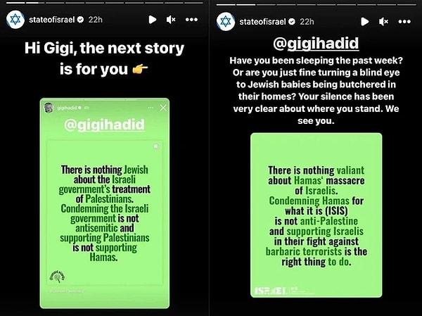2. İsrail Hükümeti sosyal medya hesaplarından ise Gigi Hadid'e cevap geldi. "Seni görüyoruz."