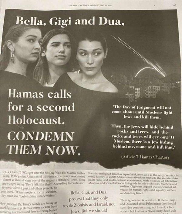 Dua Lipa, Gigi ve Bella Hadid, New York Times'da yer alan bir ilanda açıkça hedef gösterilmişti: "Onları derhal kınayın."
