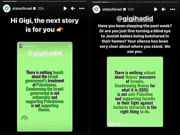 İsrail Hükümeti ise dünyaca ünlü model Gigi Hadid'in paylaşımına "seni görüyoruz" diyerek yanıt verdi.