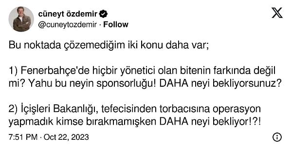 Cüneyt Özdemir'in Fenerbahçeli yöneticilere seslendiği paylaşımı 👇