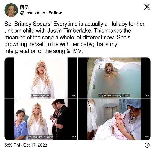 Twitter'da (X) yapılan yorumlarda ise birçok kişi, ölen bebeğini görmek için Britney'nin kendisini boğduğu metaforunun altını çiziyor.