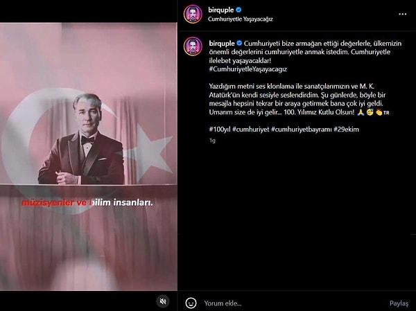 Kendisine ait sosyal medya hesabından paylaşım yapan Gökhan Bütünler “ Cumhuriyeti bize armağan ettiği değerlerle, ülkemizin önemli değerlerini cumhuriyetle anmak istedim. Cumhuriyetle ilelebet yaşayacaklar! #CumhuriyetleYaşayacagız Yazdığım metni ses klonlama ile sanatçılarımızın ve M. K. Atatürk’ün kendi sesiyle seslendirdim. Şu günlerde, böyle bir mesajla hepsini tekrar bir araya getirmek bana çok iyi geldi. Umarım size de iyi gelir… 100. Yılımız Kutlu Olsun!” dedi.