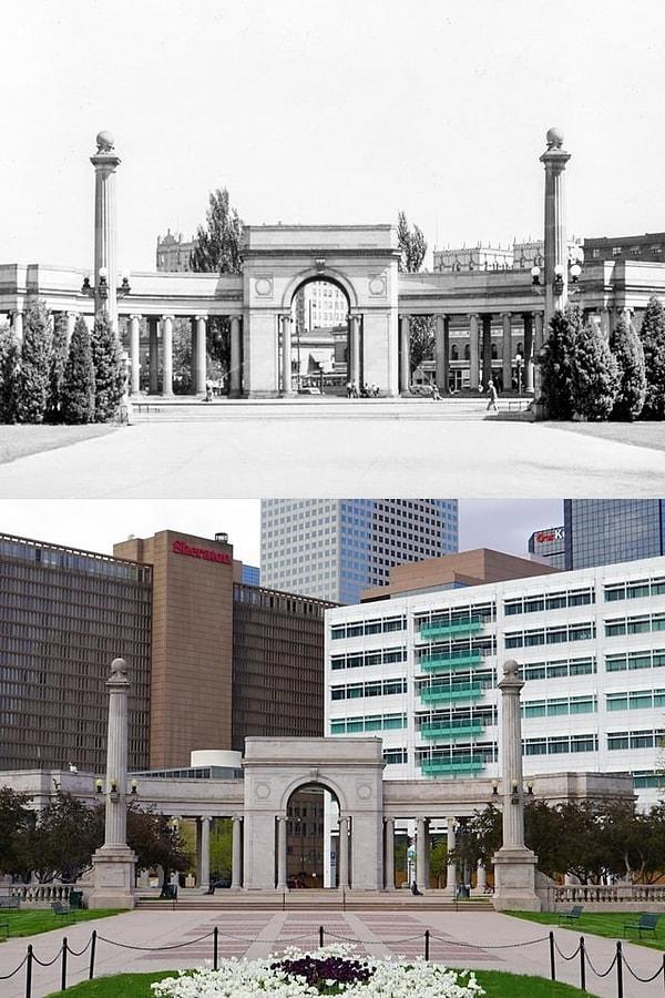 5. Denver'daki Civic Center Park'ta bulunan Voorhies Anıtı. (1939 ve 2023)