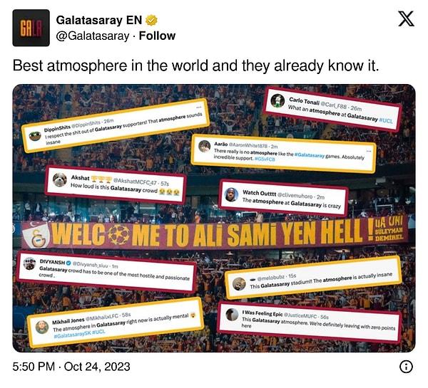 Galatasaray'ın resmi hesabı da stadyuma övgüler yağdıran kişilerin twitlerini paylaştı.
