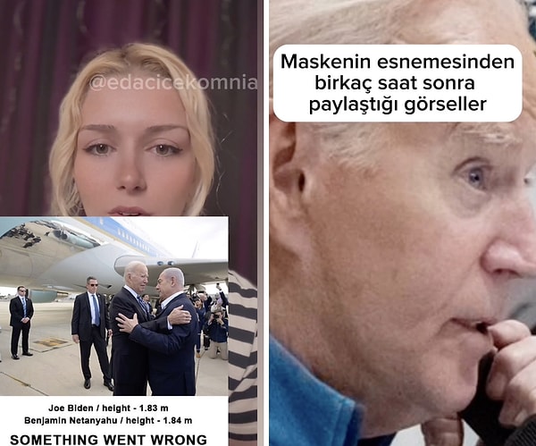 Joe Biden'ın yüzünün maske olduğunu, ısı sebebiyle maskesinin görünümünün değiştiğini söyleyen kadın bu açıklamasını görsellerle destekledi.