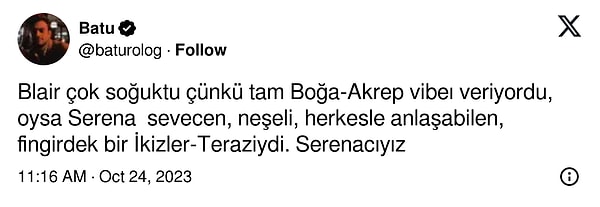 Kimisi Blair'in çok soğuk olduğunu ve Serena'nın neşeli, herkesle anlaşabilir karakterde biri olduğunu savunurken;