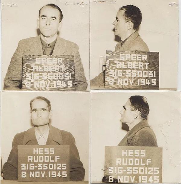 2. Savaş suçluları Alber Speer ve Rudolf Hess'in sabıka fotoğrafları. İkili Nürnberg duruşmaları ardından Berlin'deki Spandau Hapishanesinde tutulan yedi yüksek rütbeli Nazi arasındaydılar. (1945)