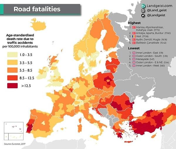 11. Avrupa'da araba kazası oranları.