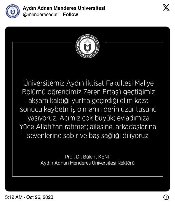 Bu korkunç ihmal sonucu yaşamını yitiren öğrenci için taziye mesajı yayımlayan Aydın Adnan Menderes Üniversitesi'nin açıklaması tepkilere neden oldu.