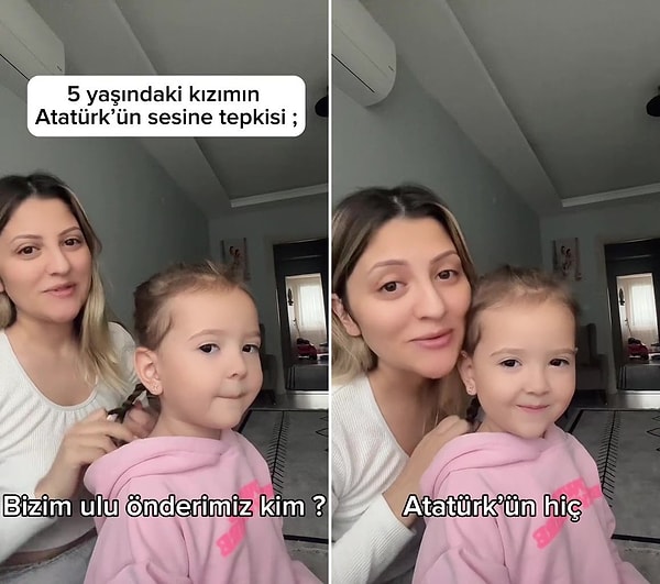 Derya Demircan isimli anne 'Bizim ulu önderimiz kim?' diye sorduğu kızından 'Atatürk' cevabını aldı. Ardından ise Kumsal isimli kızına 'Hiç Atatürk'ün sesini duydun mu?' diye sordu.