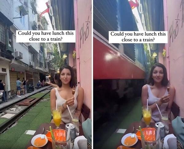 Sosyal medyada da paylaşılan bir görüntüde, bir kadının yemek yediği sırada yanı başından tren geçiyor.