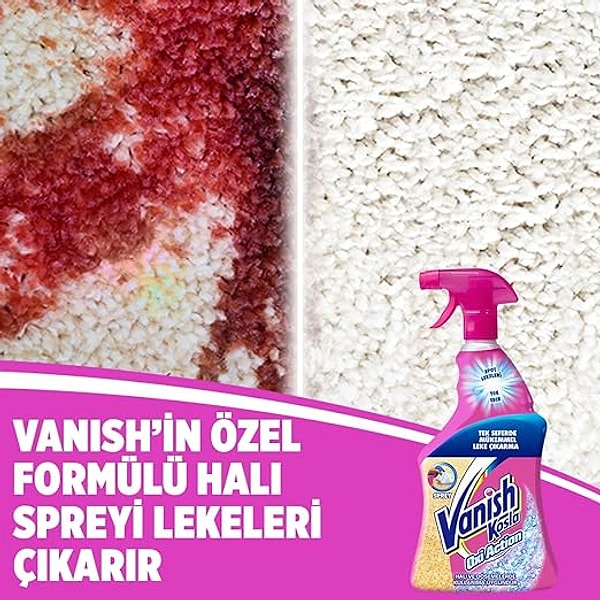 14. Halılarınızdaki zorlu lekeler için Vanish Kosla Oxi Action pratik leke çıkarıcı halı spreyinden de yardım alabilirsiniz.