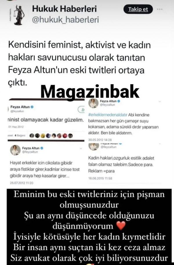 Güngen, "Magazinbak" hesabının da yayınladığı bu paylaşımda, "Kendisini feminist, aktivist ve kadın hakları savunucusu olarak tanıtan Feyza Altun'un eski tweetleri ortaya çıktı" ifadelerinin yer aldığı bir haberi paylaştı.