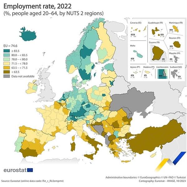 15. Avrupa'da bölgesel istihdam oranları.
