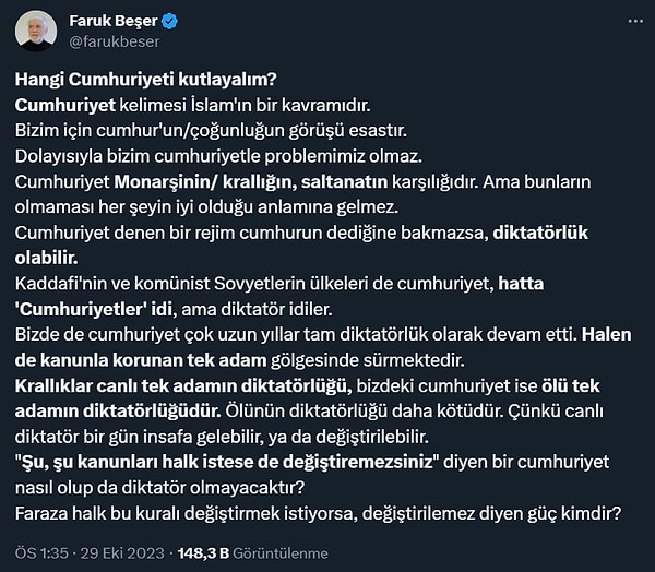 Bu kez de sosyal medyada cumhuriyetin kelime anlamıyla konuya giren, ülkenin özgür üniversitelerinden birinde yıllarca hocalık yapmış bir İslam Hukuku profesörünün paylaşımı dikkat çekti. Atatürk'e atıfla "diktatör" derken, ülkenin temeli olan Anayasa'nın ilk 4 maddesinin değişememesinden de şikayetçiydi.