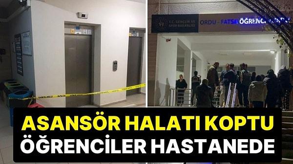 Ordu'nun Fatsa ilçesinde üniversite öğrencilerinin kaldığı KYK yurdunda asansör halatları koptu, 4 öğrenci hastaneye kaldırıldı.