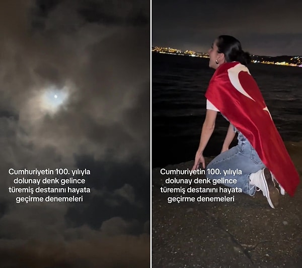 O kadının sırtında Türk Bayrağı ile  gökyüzüne bakarak uluduğu anlar ise sosyal medyada viral oldu.