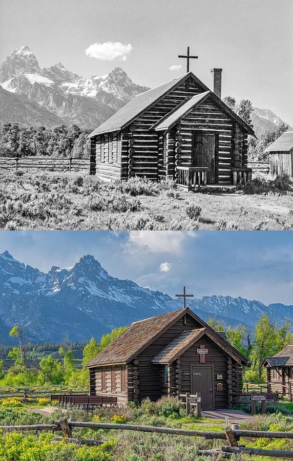 3. Grand Teton Ulusal Parkı'ndaki Başkalaşım Şapeli, Wyoming. (1939 ve 2023)