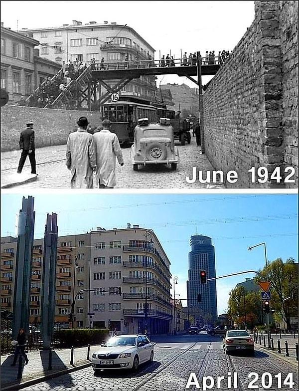 7. Haziran 1942'de Chłodna Caddesi üzerindeki Varşova Gettosu'ndaki yaya köprüsü ve 2014'te aynı nokta.