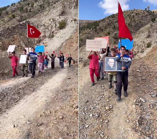 Bir köy okulunda kaydedilen görüntülerde ilkokul öğrencilerinin ellerinde "Cumhuriyet kimsesizlerin kimsesidir" yazılı pankart,  bayraklar ve Atatürk fotoğrafı ile yürüyüş yaparken görülüyor.