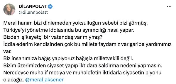 Durumdan haberdarmış gibi gözüken gözaltındaki Dilan Polat, Meral Akşener'e seslendi: "Bizim üzerimizden siyaset yapıp iktidara saldırma nedeni yapmasın." dedi. 👇