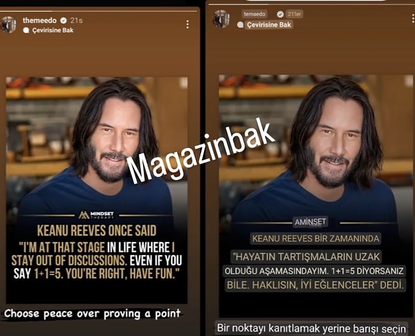 "@magazinbak" kanalının paylaşımına göre, 'Meedo' olarak anılan Mohammed Alsaloussi, Instagram hesabından oyuncu Keanu Reeves'in bir sözünü paylaştı.