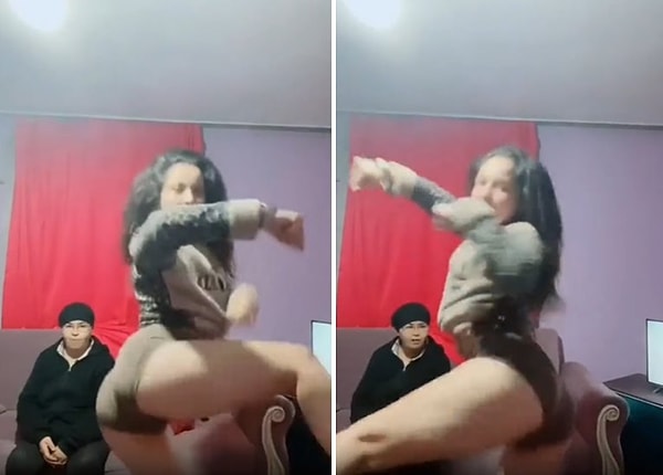 Annesinin şaşkın bakışları arasında tek ayak üzerinde twerk yapmaya çalışan kadının o görüntüleri sosyal medyada gündem oldu.