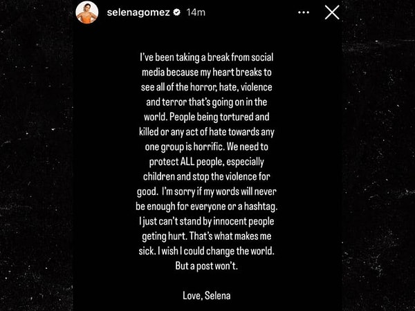 On Monday, Selena Gomez addressed the conflict in the Middle East through an Instagram story, denouncing acts of violence such as murder and torture.