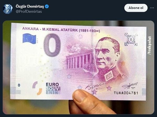 Özgür Demirtaş, yaptığı euro paylaşımıyla milyonlarca etkileşim alırken, sadece bir görsel paylaşmıştı. Yorum bulunmayan paylaşımdaki euro'nun birimi 0 (sıfır) olurken, üzerinde bir Atatürk görseli vardı.