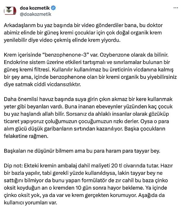 Twitter'dan Doa Kozmetik de Dr. Tayyar Öz ve ürünleriyle ilgili çok ciddi ithamlarda bulundu... 👇