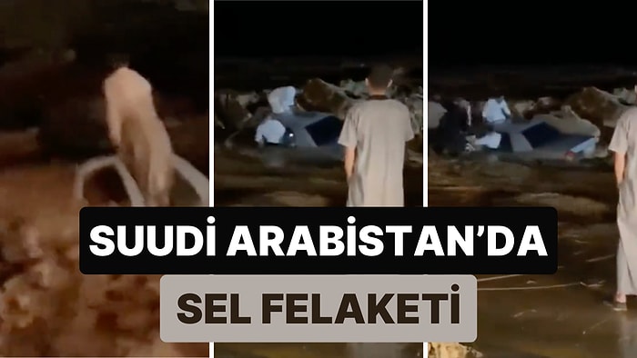 Suudi Arabistan'da Çölde Meydan Gelen Sel Felaketinde İnsanlar Sürüklenen Otomobillerin Üzerinde Mahsur Kaldı