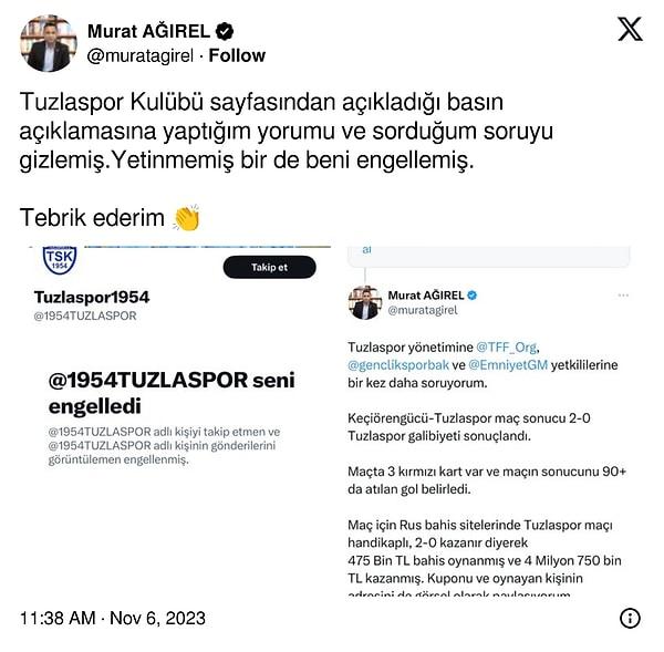 Murat Ağırel'in sorularının ardından Tuzlaspor, gazetecinin sorularını gizlemiş ve ardından engellemiş...