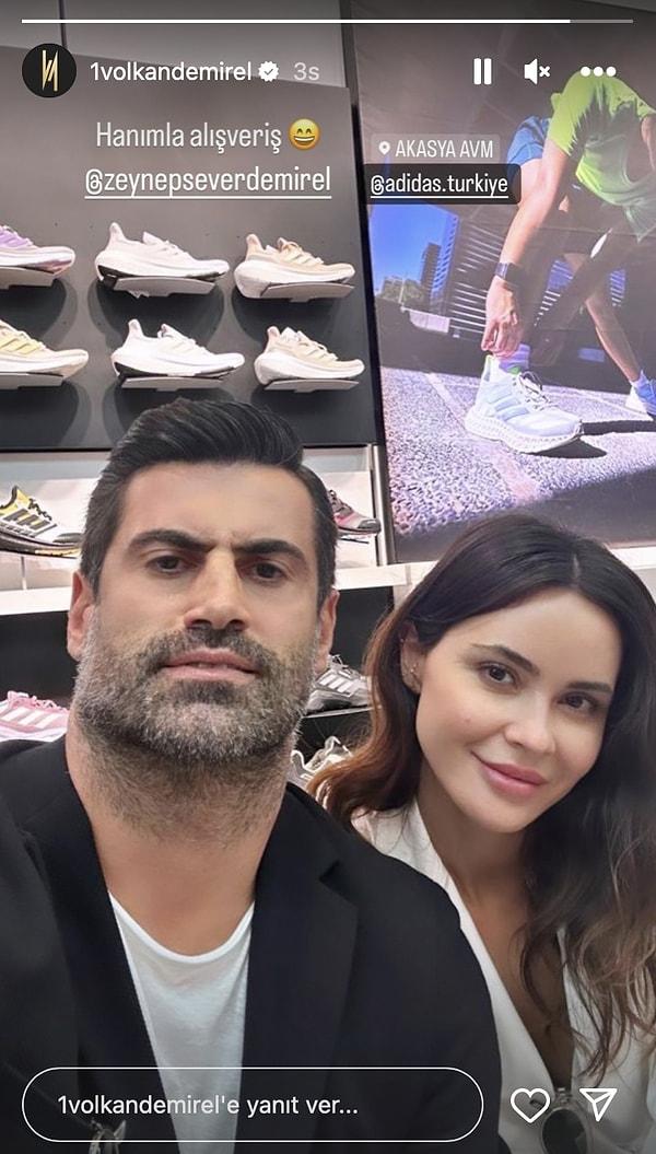 Eşi Zeynep Sever Demirel ile gittiği bir alışveriş merkezinden paylaştığı hikayesine "Hanımla alışveriş." yazan Volkan Demirel'in paylaşımına yorum ve beğeni yağdı.