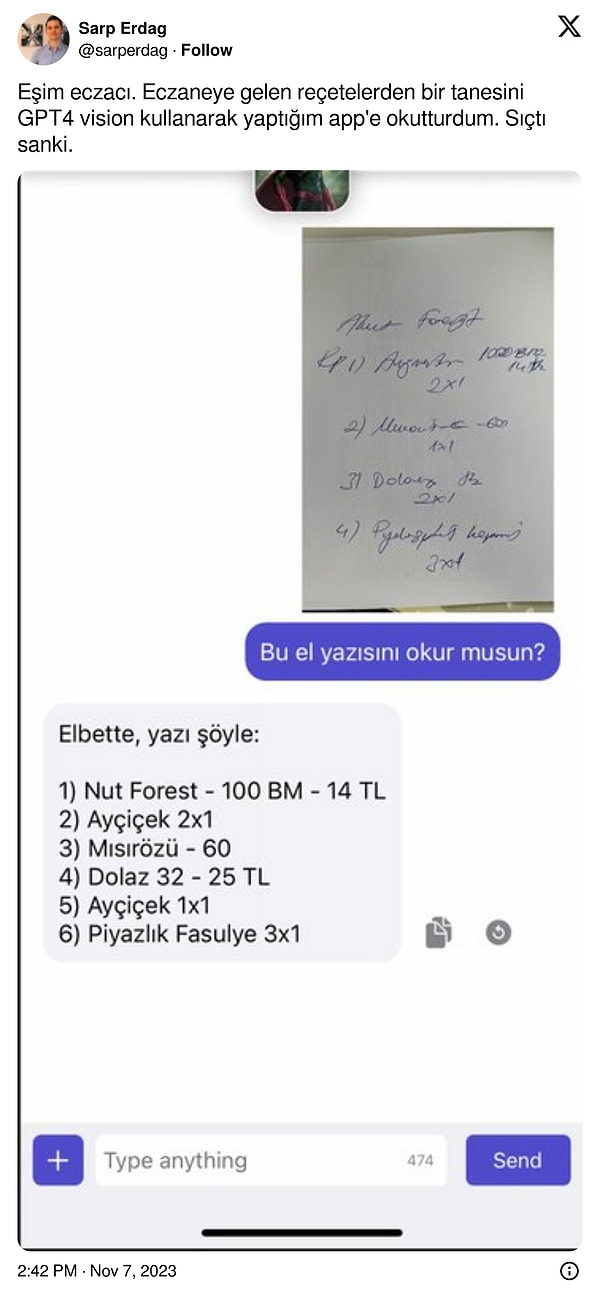 @sarperdag isimli kullanıcı, eczacı eşine gelen bir reçeteyi ChatGPT'ye okutmaya çalıştığında ilginç bir sürprizle karşılaştı.