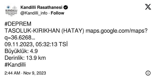 Kandilli rasathanesi depremin 4.9 büyüklüğünde 13.9 km derinlikte olduğunu duyurdu.