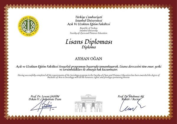 Gelen tepkiler üzerine Ayhan Oğan, İstanbul Üniversitesi Açık ve Uzaktan Eğitim Fakültesi'nin Sosyoloji Bölümü'nden almış olduğu Lisans Diplomasını paylaştı.