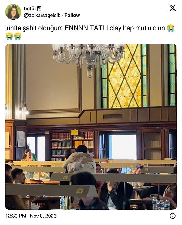 Geçtiğimiz gün İstanbul Üniversitesi Hukuk Fakültesi kütüphanesinde yaşanan bir olay da Twitter'a düştü. Bir genç, kız arkadaşına kütüphanenin ortasında evlenme teklifi etti.